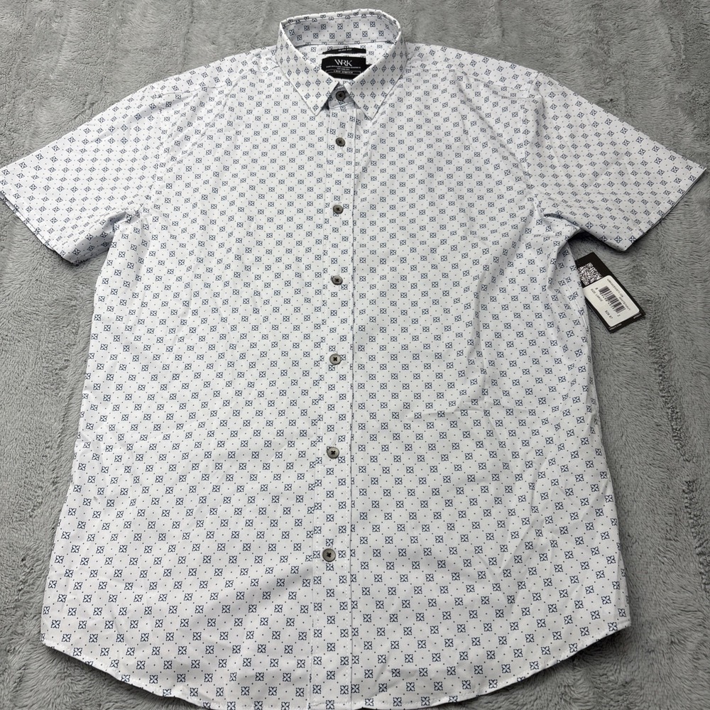 WRK Mens White Navy Geometric Print Slim Fit Button Down Shirt Lg NWT